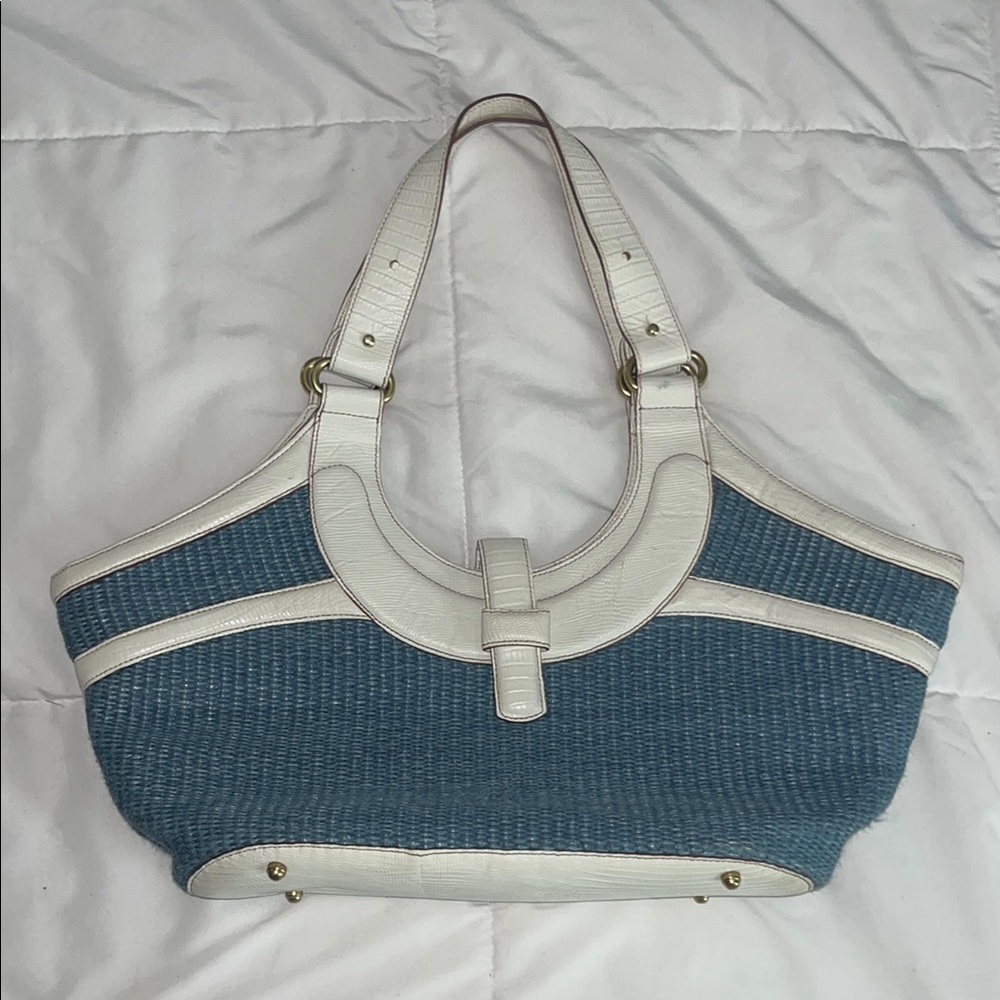 Brahmin Pablo Island Raffia Straw Croc Embossed Leather Trim Tote Shoulder Bag